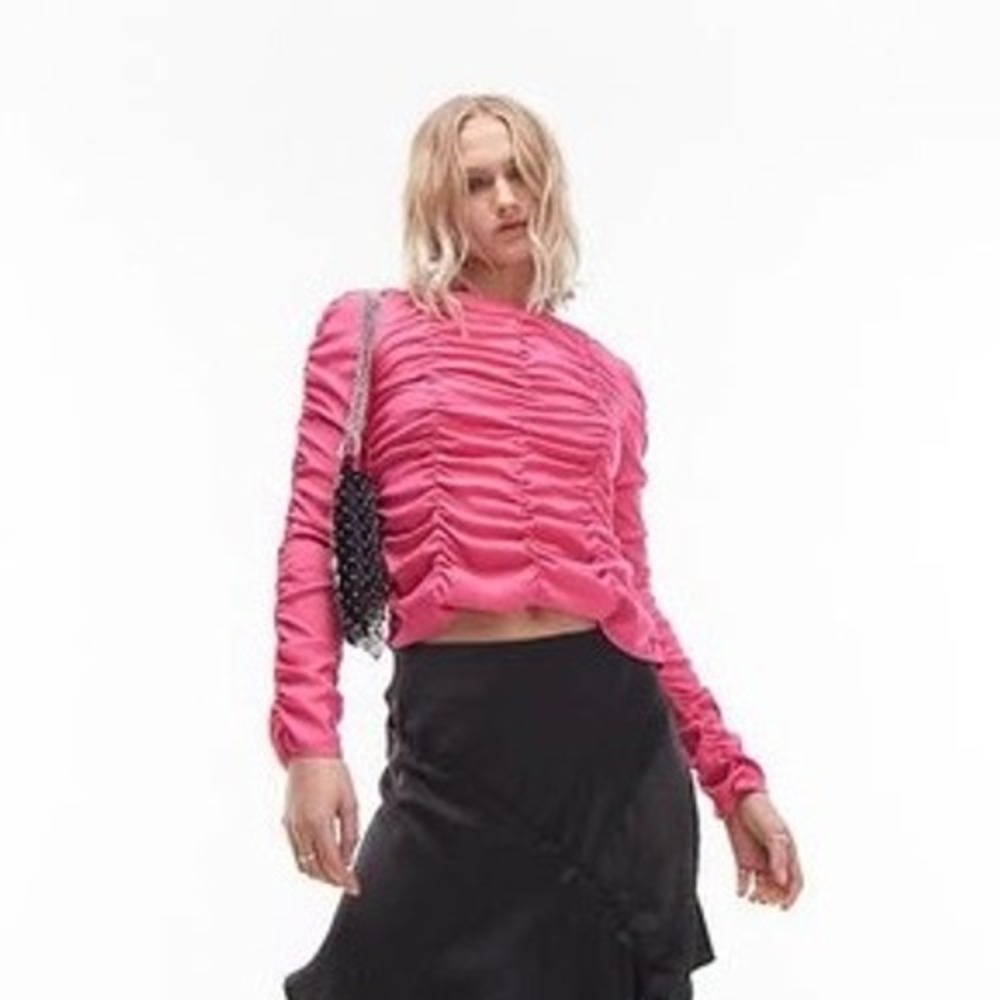 NEW Topshop Ruched Front Long Sleeve Top Hot Pink Party Blouse US Size 6 NWT